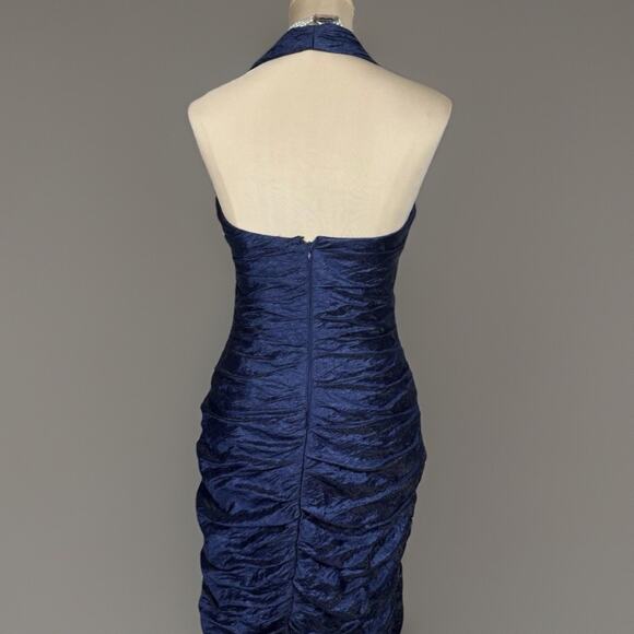 Vintage Cachet Navy Rhinestone Halter Ruched Cocktail Evening Dress Size 6 Glam - Picture 5 of 12